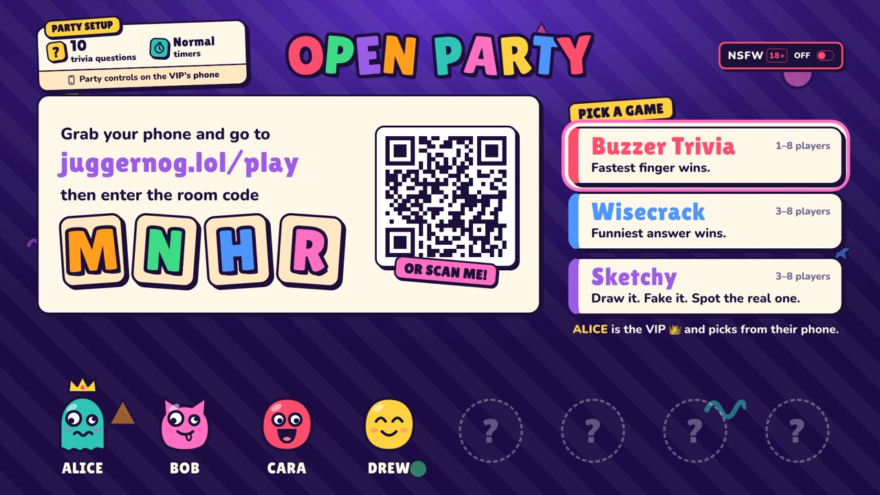 The OpenParty lobby on a TV, showing the room code and QR code